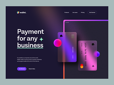 Wallet – Hero Header v.5 blur credit card dark mode dark theme glassmorphism gradient hero header illustration interface landing page navigation payment typography ui ui design ux ux design wallet web website