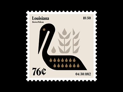 Louisiana stamp bird brown pelican drops icon illustration leaf logo louisiana nature ocean pelican plant postage stamp symbol typography usps water