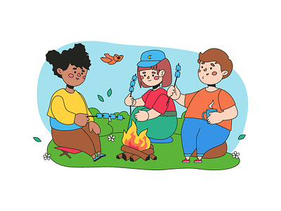 Children frying marshmallows - illustration bonfire camping character children design flat design illustration marshmallow style summer vector