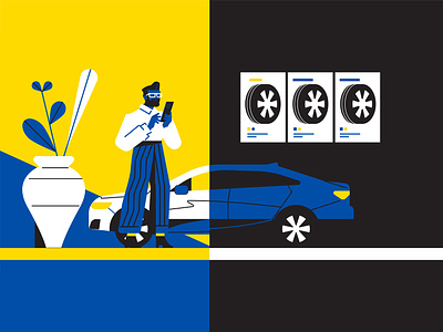 Get moving 🛞 adobe blue car cellphone character corporate design flat design illustration illustrator man media muti plants tread tyre vector yellow