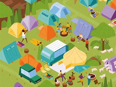 Chaos and Campfires 🔥 adobe adventure campfire camping glamping glawning holiday illustation illustrator music muti noise relaxing tent texture trees van vector water