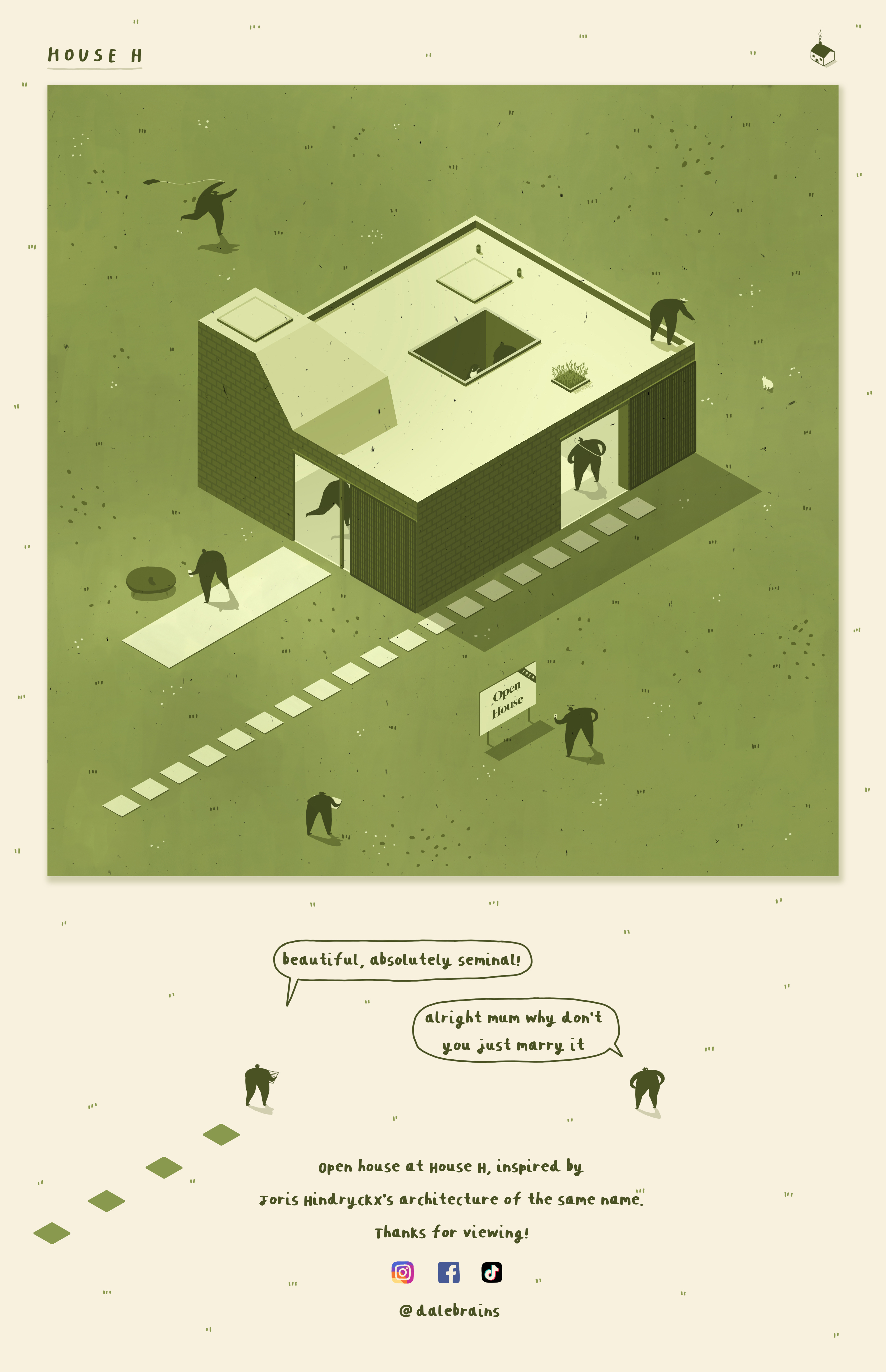 Open House at House H architecture building explore friends garden home house house h house viewing illustration isometric modern open house people real estate summer