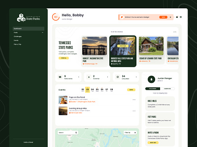 Tennessee State Parks Dashboard adammade badges cards challenges chattanooga dashboard events gamification layout level up maps minimal outdoors parks state tennessee ui ux web website