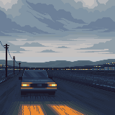 Leaving town 8bit blue car character dark design driving illustration moody pixelart retro roadtrip scenery