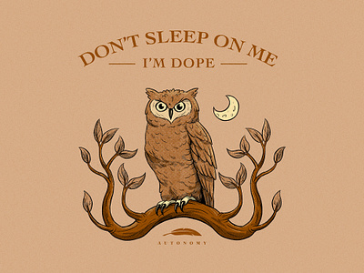 Don't Sleep On Me bird branding design distressed drawing evening feather feathers halftones illustration leaves moon night noise owl owls sky tree tshirt tshirt design