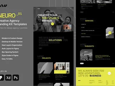 NEURO Creative Agency Web UI Kit creative web dark ui dark yellow ui figma landing kit landing page template minimalist web minimalist web template modern agency web modern web neuro creative agency neuro creative agency web ui kit portfolio website responsive web typography web web agency web agency template web ui kit xd