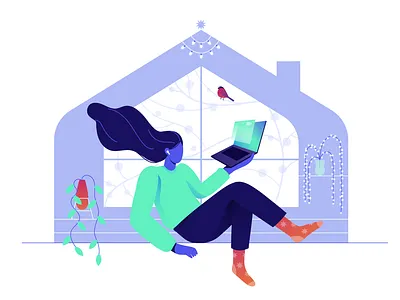 Winter Home art bird character design flat girl gradient illustration isolation laptop plants tech vector