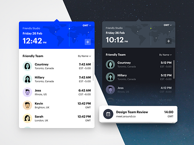 Team Time clock dark mode graphik product timezone ui ux