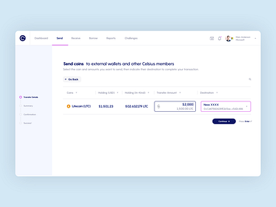 Sending Cryptocurrency with The Celsius Web App app bank banking bitcoin crypto cryptocurrency currency design finance financial fintech money platform product design tech technology ui ux web webapp