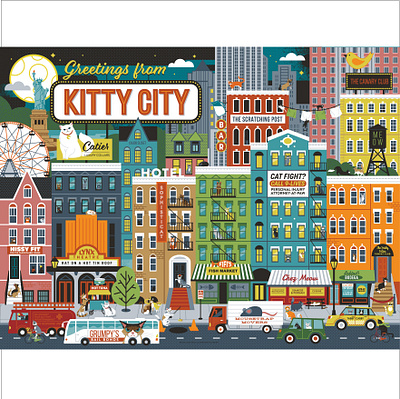 Greetings from Kitty City animal cats city illustration whimsical