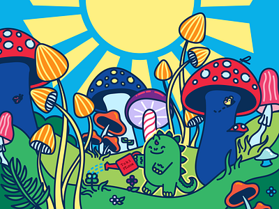 Diploo in a garden of mushrooms adorable art character design cute art dino dinosaur diploo flat illustration groovy kawaii kawaii art kawaii dino kawaii dinosaur kawaii mushroom mushroom tokipy vector vector art vector illustration whimiscal