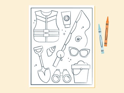 Beach Essentials Coloring Page activity beach children coloring coloring page crayon feminine fishing fishing rod illustration kids life vest ocean pail shovel sunglasses sunscreen vintage