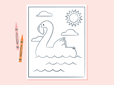 Pool Float Coloring Page activity children crayons flamingo float floaty illustration kids line linework mid century ocean outline page pool sketch summer vintage