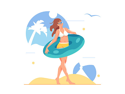 Girl with a rubber ring art background beach bikini cartoon character cute fashion girl happy illustration isolated nature person summer sun vector water woman young