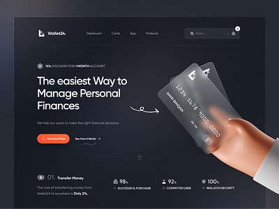 Wallet24 Landing Page | Hero Header 💳 3d 3d illustration bank banking blockchain card clean credit dark app dark mode dark theme dashboard minimal mockup navigation typography value proposition wallet web website