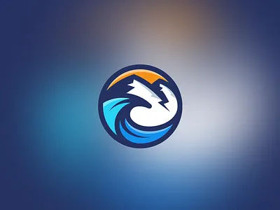 Landscape badge emblem illustration landscape logo mountains ocean sea sky snow sun sunrise sunset travel wave