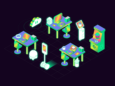 Office - Dark Mode 2d 3d computer design future game hero icon illustration isometric metaverse office retro room tech ui vector video vintage web page