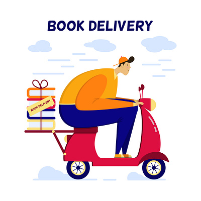 Courier on a scooter. Book delivery ai blue book courier delivery flat hypertrophied illustration orange scooter vector yellow