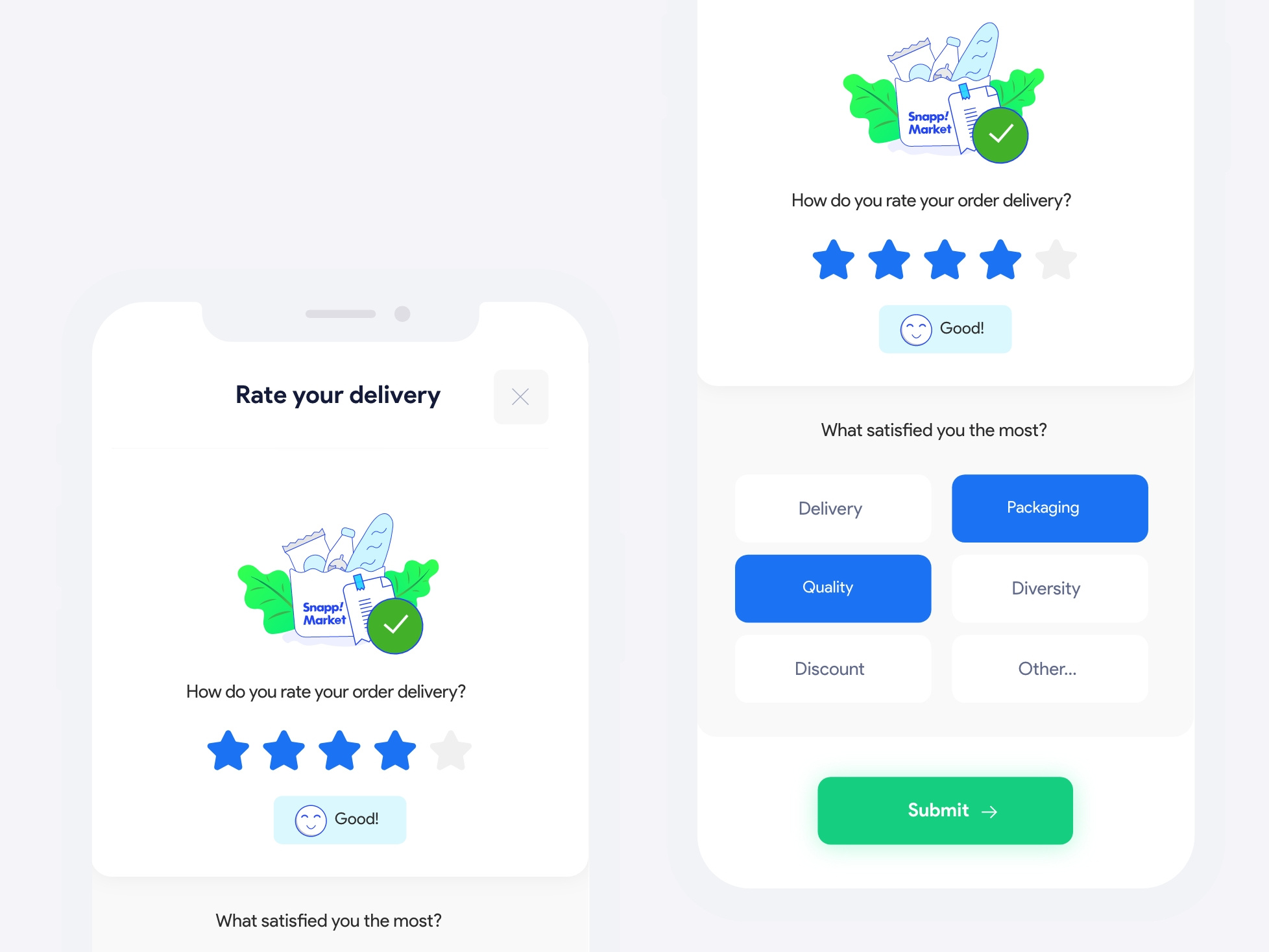 SnappMarket Star Rating Feature app comment feature feature design feedback grocery illustration order product product design rate rating rating feature score ui ux