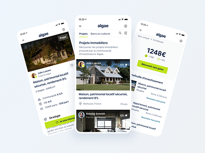 Algae - Mobile app app bootnow clean clean ui design design app green investment minimal ui mobile app productdesign real estate rent renting ui ui design uiux