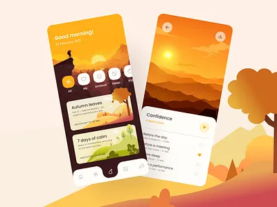Meditation app ui app app ui cards ui landscape meditation meditation app mobile ui ui ux vector yellow