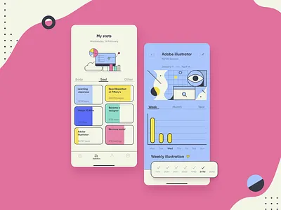 Goal tracking app achievements art artsy concept design conceptual design goal goals pink planner app productivity progress statistics stats stats ui tracking app ui ui design