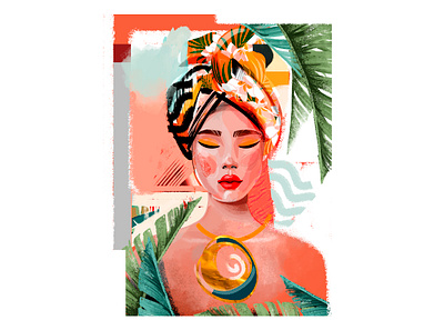 mulatto girl african woman character collage fashion female palm portrait poster scarf tropical