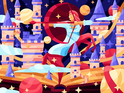 Сentaur archer from a fairy tale archer book castle centaur chiron fairy tale flat illustration sagittarius spase stars towers vector zodiac signs