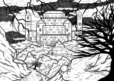 Castle art castle cloudy creepy dark digital drawing full illustration illustration digital isolated lightning bolt line lineart moon mountain mysterious night secluded stormy