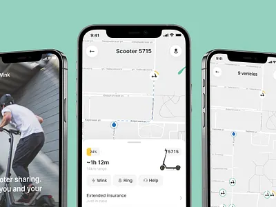 Scooter Rental App aesthetic app bike buy clean ios iphone light map minimal minimalist rent scooter sharing ui ui components ui elements