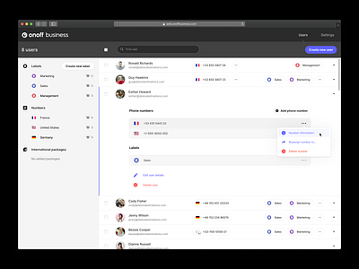 Onoff Business - UI for cloud telephony management platform. app b2b business calls interface international management messages numbers onoff panel phone saas software telco telecom ui users web