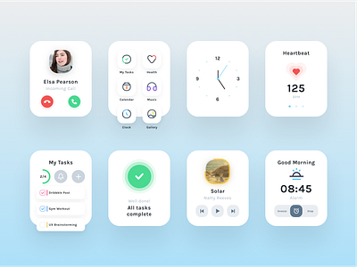 Watch UI Screens app apple watch apple watch design clean clean ui clock health icons light minimal modern music player task list tasks ui user interface design watch watch app watch ui watches