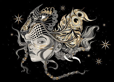 tigress illustration astrology character design design face paint galaxy gold golden graphic illustration illustration illustrator inspirational portrait powerful spirit animal star tiger tribal vector warrior