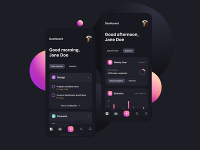 Dashboard - Daily Overview/Statistics app application concept dark mode dashboard design management manager overview page statistics stats task tasks ui ux web web design website weekly