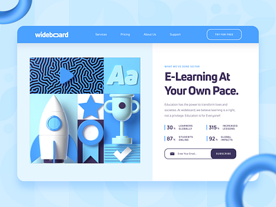 Wideboard: E-Learning Course Platform Landing Page 2 3d academy black blue c4d e learning e learning education landing page learning online online course productivity rocket startup trophy ui university ux web design