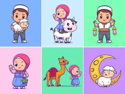 Eid Al-Adha Mubarak🐑🐄 animals boy camel character cow cue eid al adha eid mubarak food girl holiday icon illustration islamic logo mosque muslim satay sheep