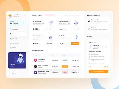 Billing Dashboard UI Kit bill illustration isometric money payment robot service ui kits