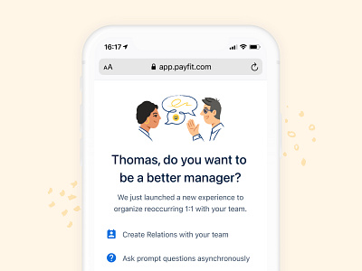 Introducing 1:1 Experience 🎉 1:1 android conversion icons illustrations interface ios launch management minimal onboarding payfit performance pulse survey relation remote review texture ui ux