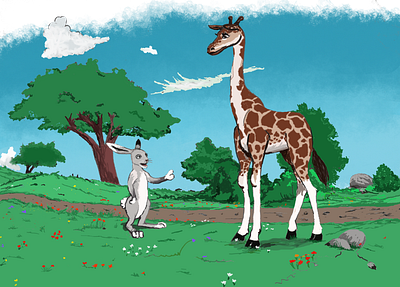 Hare and Giraffe by the road animal art animal illustration book illustration childrens book design