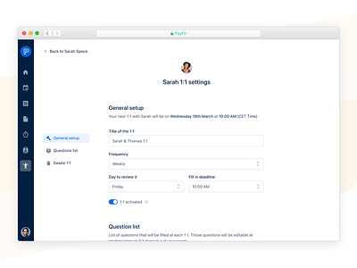 1:1 Settings 🔨 1:1 customization form interface minimal module payfit performance pulse question questions schedule settings survey ui ux