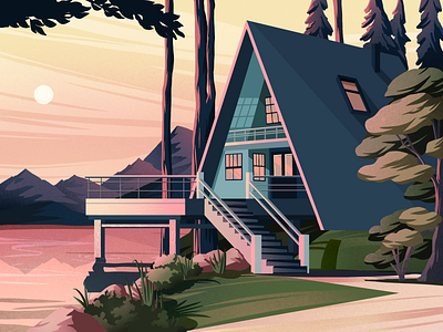 Lake house architecture art artwork forest illustration illustration art landscape mountain nature art