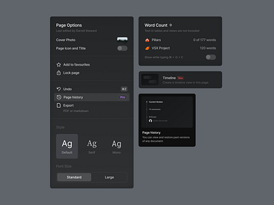 VSX - Page Options design system document history modal options page popover style timeline tooltip visual system words