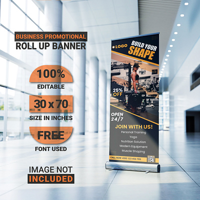 Modern Fitness Roll Up Banner Design abstract alfaysal360 background banglarfreelancer banner design blue business design fitness fitness banner graphic illustration roll up banner signage signage banner template ui vector