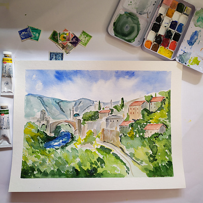 Mostar, Watercolor Sketch, Bosnia and Herzegovina, Balkans balkans bosnia illustration mostar travelsketch watercolor