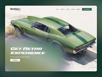 Rentilas - Car Rental Concept - Hero section (Freebie) car clean concept design figma framer free freebie green header hero minimal rental retro section ui web webflow website wix