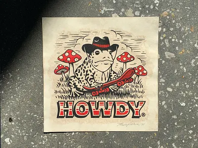 Howdy Riso Print artwork design frog graphic design howdy illustration mushroom print print design retro riso risograph skateboard texture travis pietsch vintage woodcut