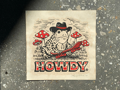 Howdy Riso Print artwork design frog graphic design howdy illustration mushroom print print design retro riso risograph skateboard texture travis pietsch vintage woodcut