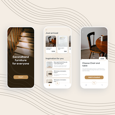 Secondhand Vintage Furniture App Design For Mobile Devices basket brown car cards design font furniture interior ios mobile app modern onlineshop picture preview scroll secondhand shop smartphone vintage waves