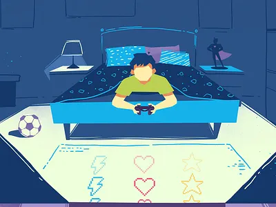 Playing games 2d 2d animation art bedroom boy character design colors console design face fun games illustraiton kids light night perspective toy video