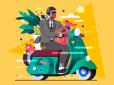 Vespa Squad! 🐶🐱🐦🌿 bird cat dog elegant illustration plant retro scooter vector vespa vintage